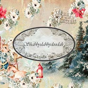 Op de afbeelding: Een vintage kerst-thema digitaal papier met een besneeuwde bos scène, een rode kerstster, witte bloemen, een hert, een vogel en een lantaarn. De tekst "Merry Christmas" en "Shadyladydoodah" zijn ook inbegrepen.