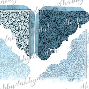 May include: Three decorative corner accents featuring intricate scrollwork and floral patterns in varying shades of blue. The designs are rendered in a detailed line art style with a soft, textured background, showcasing ornate curves and foliage.