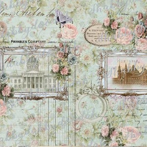 K&ouml;nnte beinhalten: Ein digitaler Papierhintergrund im Vintage-Stil mit einem hellblauen und gr&uuml;nen Farbschema. Der Hintergrund zeigt ein Blumenmuster mit rosa Rosen und blauen Blumen. Es gibt zwei gerahmte Bilder von Geb&auml;uden, eines mit einer Kuppel und das andere mit einem Kirchturm. Der Hintergrund enth&auml;lt auch handschriftlichen Text und einen Stempel im Vintage-Stil.