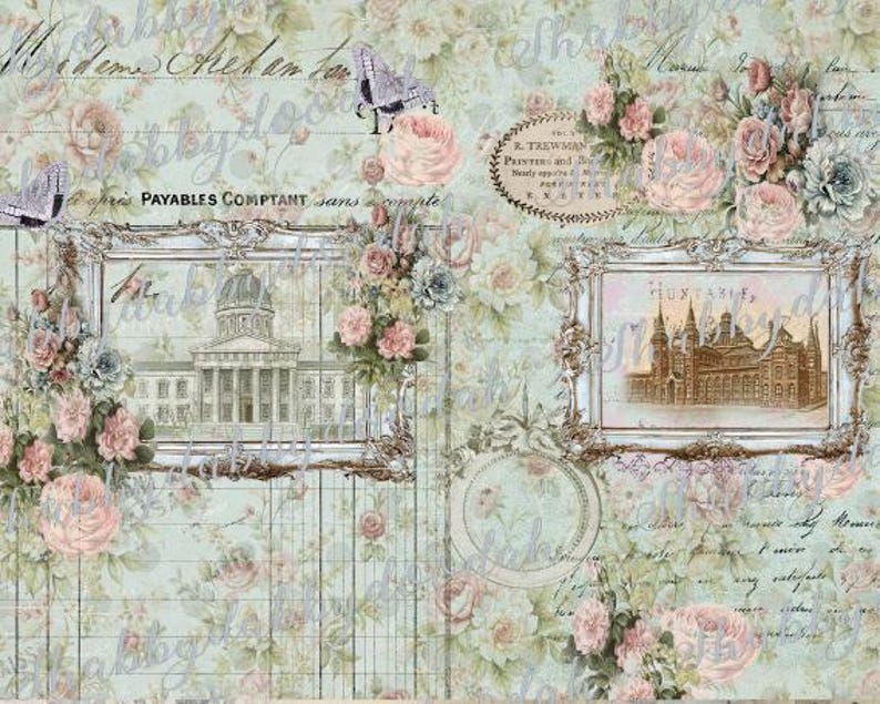 K&ouml;nnte beinhalten: Ein digitaler Papierhintergrund im Vintage-Stil mit einem hellblauen und gr&uuml;nen Farbschema. Der Hintergrund zeigt ein Blumenmuster mit rosa Rosen und blauen Blumen. Es gibt zwei gerahmte Bilder von Geb&auml;uden, eines mit einer Kuppel und das andere mit einem Kirchturm. Der Hintergrund enth&auml;lt auch handschriftlichen Text und einen Stempel im Vintage-Stil.