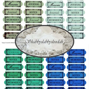 May include: A set of 24 printable digital scrapbook paper labels with a vintage, shabby chic style. The labels feature a variety of colors, including green, blue, and black, and have a distressed look. The labels are perfect for adding a touch of vintage charm to your scrapbook pages, cards, and other paper crafts.