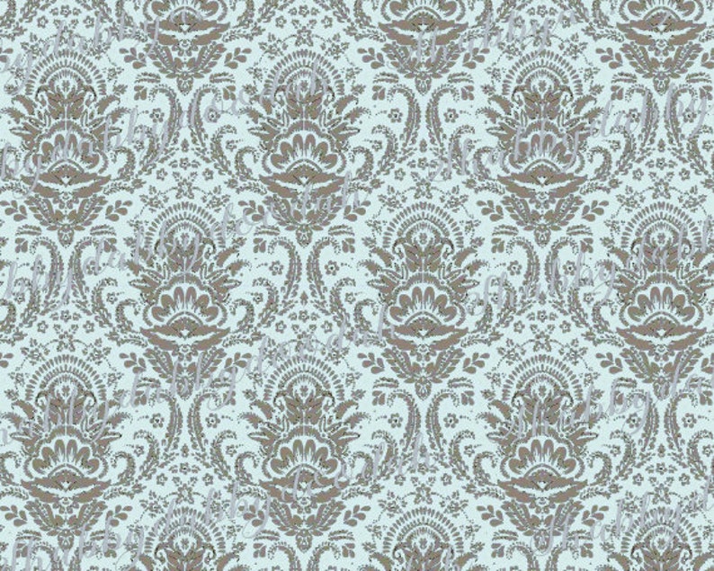 May include: A seamless pattern featuring a repeating design of intricate, stylized floral motifs in a light brown color on a light blue background.