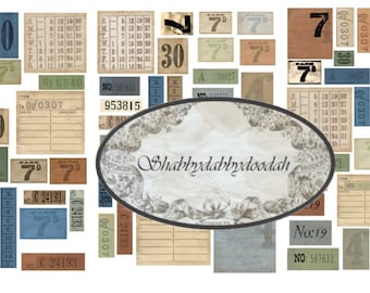 May include: A collection of vintage-style paper ephemera with numbers, text, and a calendar. The paper is in shades of brown, blue, and green. The text includes "Shabbydabbydoodah", "No: 19", and "NO: 587633".