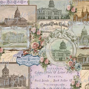 K&ouml;nnte beinhalten: Eine Collage aus Vintage-Bildern mit Geb&auml;uden, darunter ein Kapitolgeb&auml;ude, eine Werbung f&uuml;r einen Central Park-Kragen und ein Geb&auml;ude mit dem Text "HUKTABLE, Copper Plate & Letter Pres. PRINTER, Book Binde, Book Seller & SOUTHMOLTON."