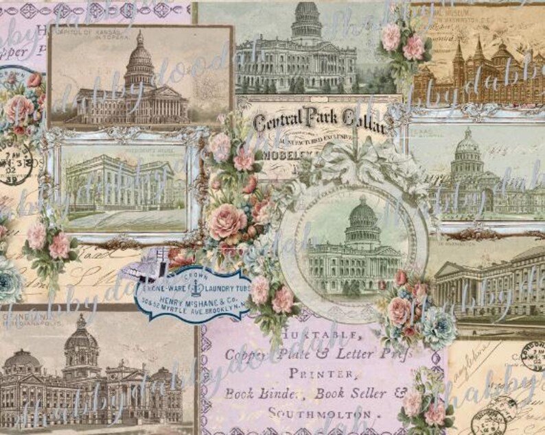 K&ouml;nnte beinhalten: Eine Collage aus Vintage-Bildern mit Geb&auml;uden, darunter ein Kapitolgeb&auml;ude, eine Werbung f&uuml;r einen Central Park-Kragen und ein Geb&auml;ude mit dem Text "HUKTABLE, Copper Plate & Letter Pres. PRINTER, Book Binde, Book Seller & SOUTHMOLTON."