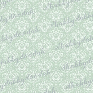 May include: A seamless pattern featuring a white damask design on a light green background. The pattern is repeated throughout the image. The text "shabby doo dah" is written in a cursive font in gray on top of the pattern.