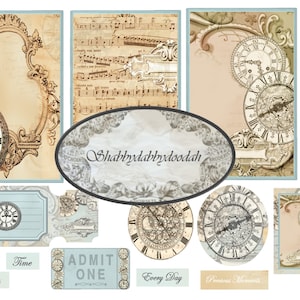 50 pc TICK TOCK vintage Ephemera Set Horloges Enveloppes Billets Tags Cartes de journalisation Junk Journal Journaux imprimables Fabrication de cartes