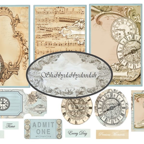 50 pc TICK TOCK Vintage Ephemera Set Clocks Envelopes Tickets Tags Journaling Cards Junk Journal Printable Journals Card Making