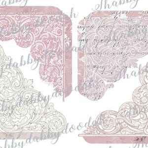 May include: A digital graphic sheet featuring four distinct corner elements in shades of dusty rose and white. Each corner displays intricate swirling scrollwork patterns layered over faint, cursive script text, creating a textured appearance.