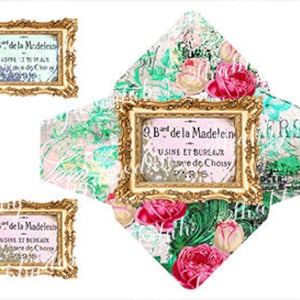 May include: A vintage-style envelope with a floral design and a gold frame. The text in the frame reads "B de la Madelein USINE ET BUREAUX Bure de Choisy PARIS".