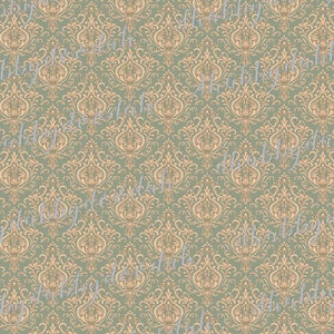 May include: A seamless pattern featuring a repeating design of intricate, gold-colored damask on a sage green background.
