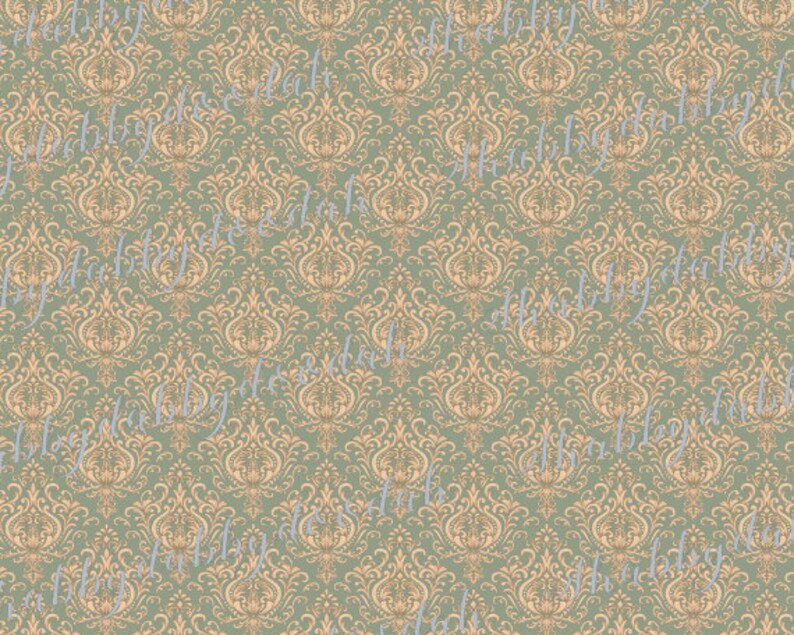May include: A seamless pattern featuring a repeating design of intricate, gold-colored damask on a sage green background.