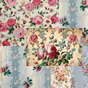May include: A patchwork of floral fabric designs, showcasing pink and red roses with green foliage, set against diverse backgrounds. Some designs incorporate stripes and lace edging, evoking a vintage style.