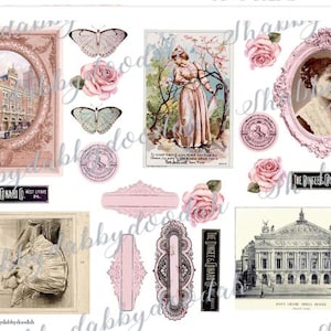 Könnte beinhalten: Eine Collage aus Vintage-Bildern mit Illustrationen von Schmetterlingen, Rosen, Porträts und architektonischen Zeichnungen. Die Farbpalette umfasst Rosa-, Braun- und Weißtöne. Text enthält "THE DINGEE & CONARD CO." und "PARIS GRAND OPERA HOUSE".