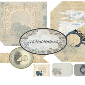 Może przedstawiać: Zestaw drukowanych etykiet w stylu vintage o estetyce shabby chic. Etykiety zdobią wzory kwiatowe, koronki i ozdobne ramki. Na jednej z etykiet widnieje tekst "Shabbydabbdydoodah".
