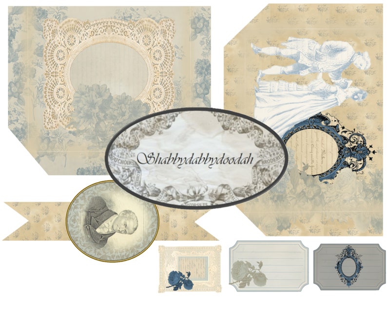 Może przedstawiać: Zestaw drukowanych etykiet w stylu vintage o estetyce shabby chic. Etykiety zdobią wzory kwiatowe, koronki i ozdobne ramki. Na jednej z etykiet widnieje tekst "Shabbydabbdydoodah".
