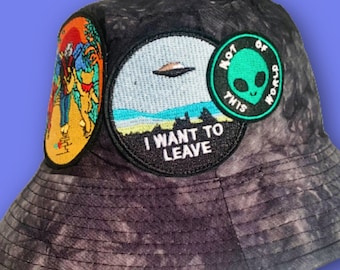 Organic Cotton Bucket Hat With Alien Patches