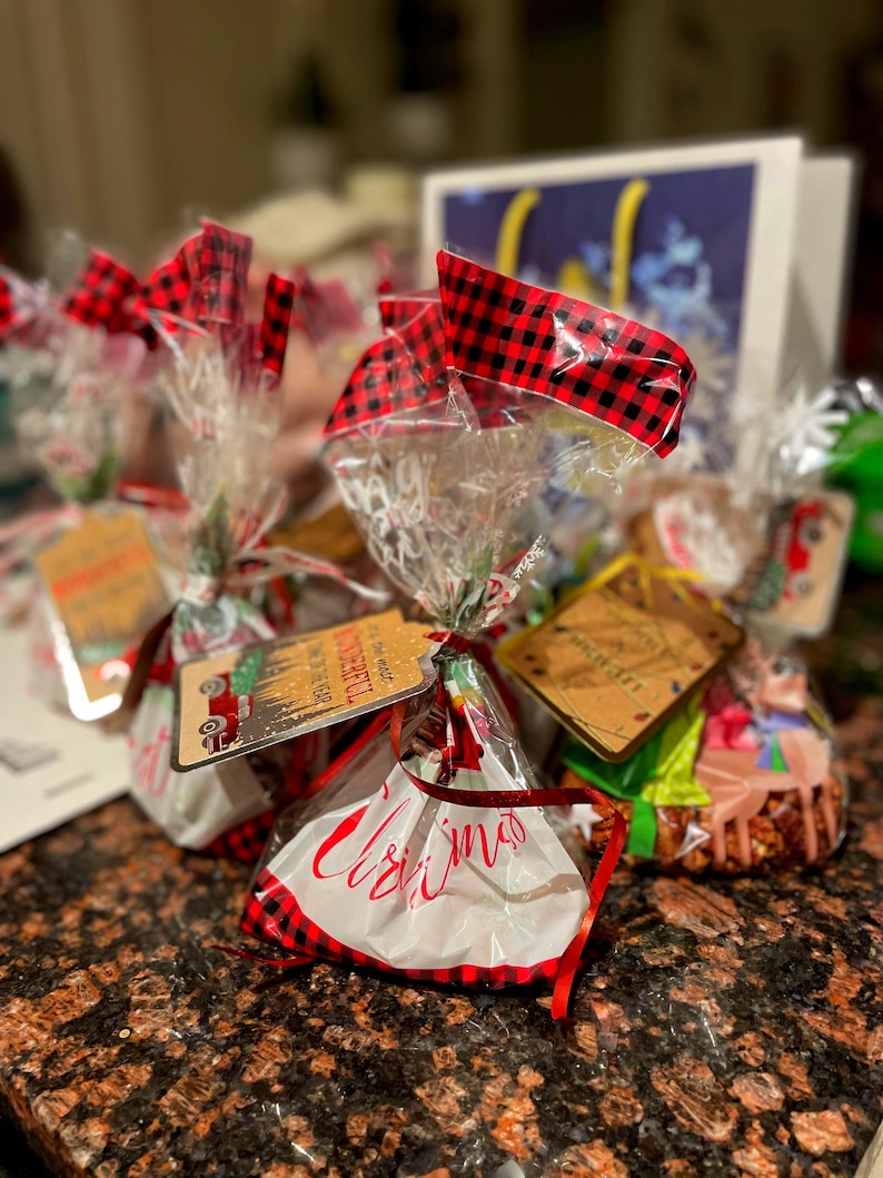 May include: Several cellophane wrapped gift bags with red and black buffalo plaid bows. The bags are tied with red ribbon and have tags attached. The bags have the word "Christmas" written on them in red script.