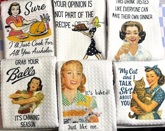 Retro 1950s Housewife Waffle Towels | Funny Kitchen Decor | Snarky Microfiber Dish Towel | Sarcastic Gift