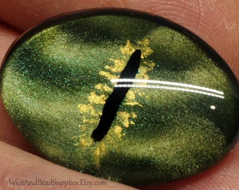 Green Dragon Eye Glass Eye Cabochon 25x18mm Round Hand Painted
