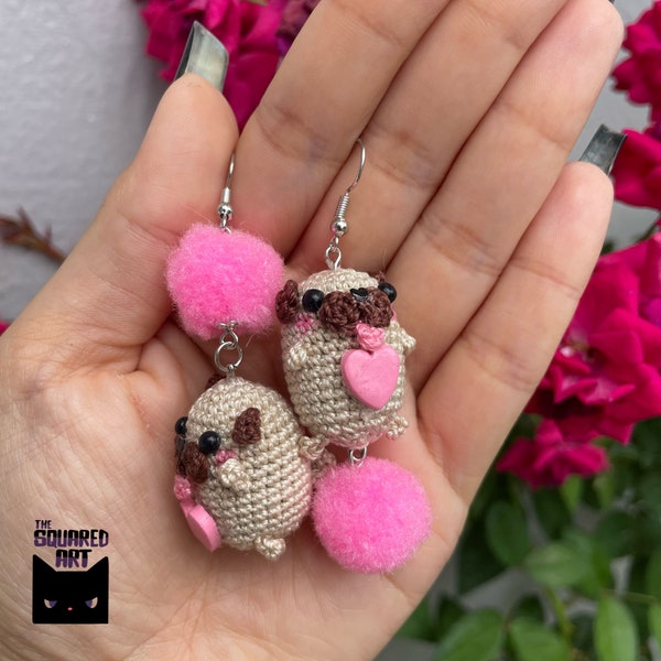 Pug Amigurumi Earrings, Pug Earrings, Pug Love, Amigurumi Dangling Earrings, Dog Lover, Animal Lovers Jewelry,