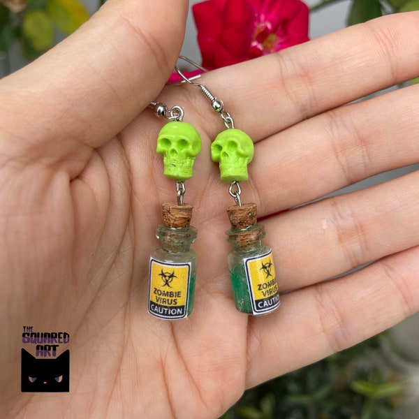 Zombie Virus in Blottle/Vial and Skull Earrings, Polymer Clay Earrings, Zombie Virus Vial, Skull Earrings, Horror Earrings