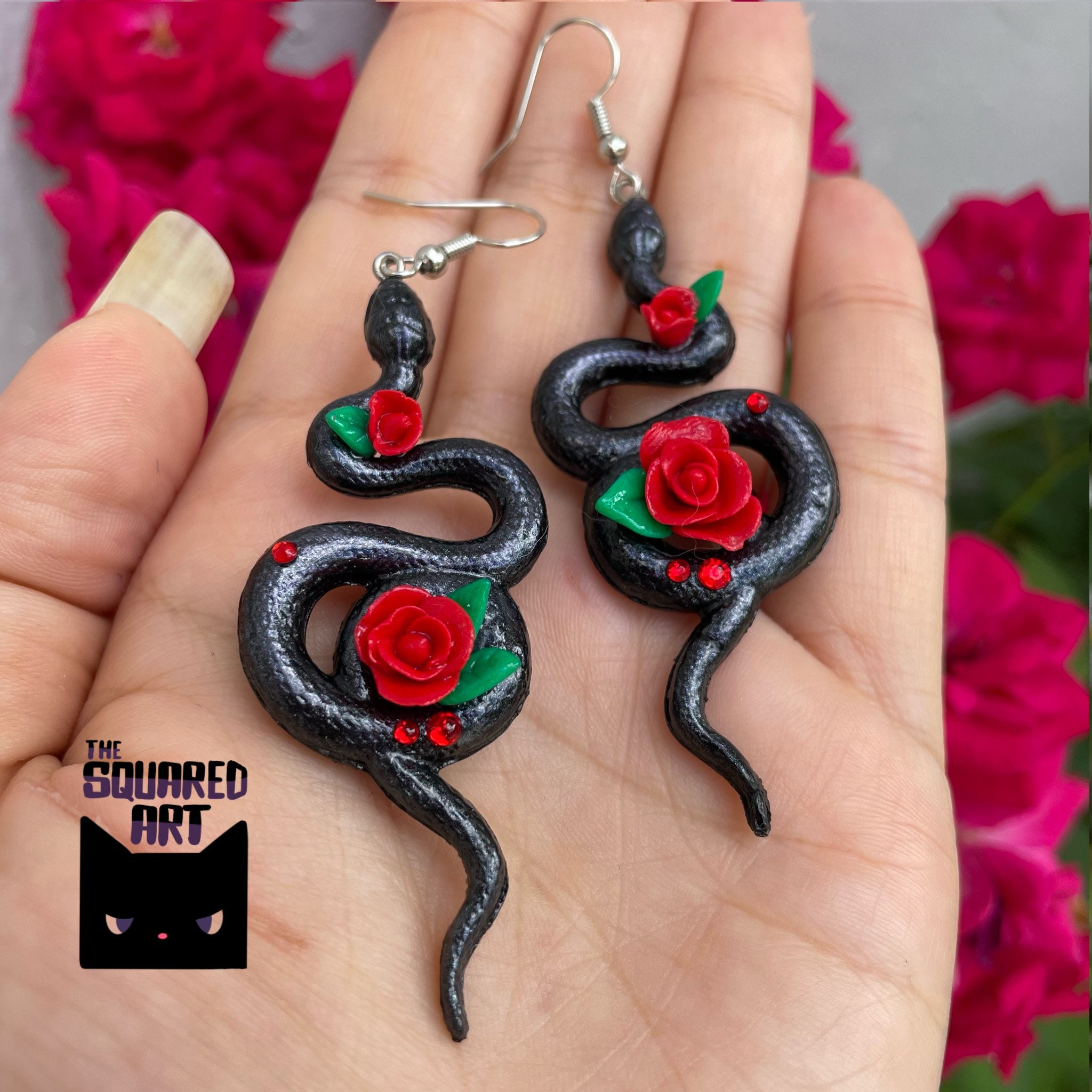 Polymer Clay Black Snake Serpent Earrings With Red Roses - Etsy