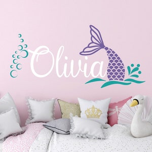 Mermaid Tail with Name Vinyl Wall Decal, Girl Wall Decal Name, Mermaid Tail Girls Room, Personalized Girls Name Wall Decal