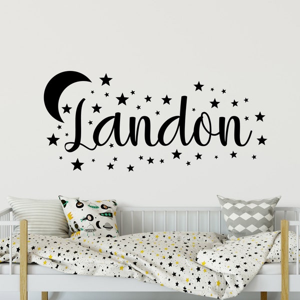 Moon and Stars Decal, Kids Wall Decoration, Custom Name Decal, Star and Moon Nursery Wall Decal, Boy or Girl Name Decal