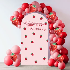 Personalized 'Berry First' Birthday Balloon Arch, Girls First Birthday Party Decor, Berry-Themed Party Supplies, 16 Strawberry Decals