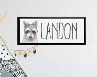 Woodland Animal Nursery Wall Art, Framed Name Canvas, Raccoon Canvas,  Baby Shower Gift, Fox Nursery Decor, Watercolor Animals, Baby Boy Art