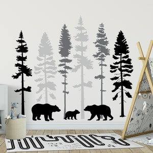 Pine Tree Wall Decal with Bears, Nature Wall Decals, Pine Forest Wall Decal, Children Wall Decor, Woodland Nursery Decor, Forest Scene Decal