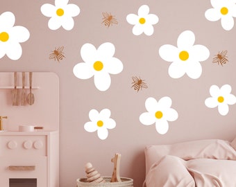 Large Daisy Wall Decals, Flower Wall Decals, Girls Room Decor, Flower Nursery Decor, Daisy Wall Stickers, 13 Daisies and 6 Bees