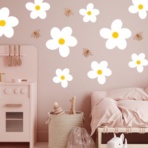 Large Daisy Wall Decals, Flower Wall Decals, Girls Room Decor, Flower Nursery Decor, Daisy Wall Stickers, 13 Daisies and 6 Bees