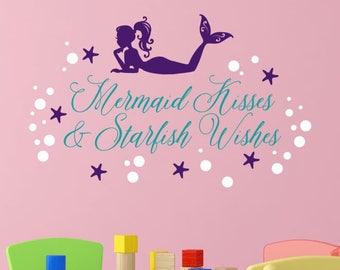 Mermaid Wall Decal - Mermaid Kisses Starfish Wishes - Baby Girl Nursery - Little Girl Mermaid - Mermaid Kisses Decal - Starfish Wishes Decal