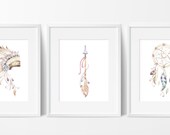 Native American Prints, Dreamcatcher Print, Arrow Art, Watercolor Art, Indian Headdress, Feather Arrows, Home Decor, Set of 3 Prints