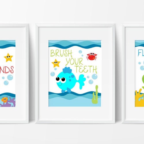 Sea Creature Bathroom Print Set Kids Bathroom Art Under Etsy