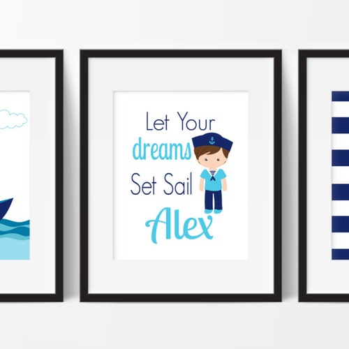 Nautical Nursery Decor, Little Boy Sailor Wall Art, Sailboat Nursery Prints, Set of 3 Prints