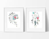 Headdress Print - Dream Catcher Print - Home Decor - Native American Prints - Dreamcatcher Print - Watercolor Art Print - Set of 2 Prints