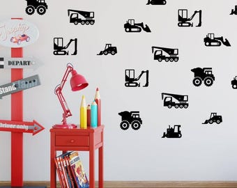 Construction Truck Wall Decals, Nursery Playroom Decor, Set of 18