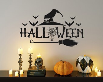 Halloween Wall Decal, Happy Halloween Sticker, Halloween Party Decor, Witch Hat and Broom Stick
