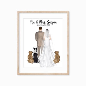 Personalized Bride and Groom Print, Bride and Groom Illustration with Pets, Military Wedding Gift Idea, Wedding Gift for Him