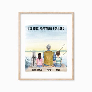Personalized Fishing Portrait, Father & Grandkids Gift