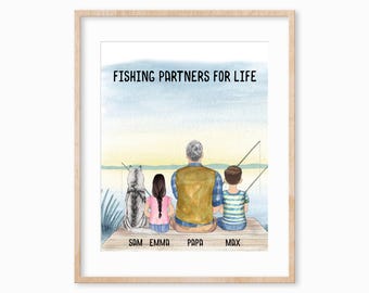 Personalized Fishing Portrait, Father & Grandkids Gift