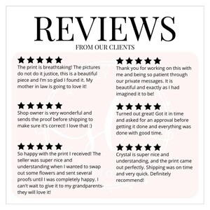 a collection of positive reviews from clients who have used the print from a particular business. The reviews express satisfaction with the print quality, the owner's responsiveness, and the overall experience of receiving the print. The reviews highlight the print's beauty, the owner's helpfulness, and the ease of shipping and receiving the print. The reviews also mention the satisfaction of receiving the print and the positive impact it has on the clients' lives.