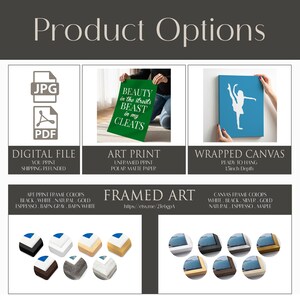 various product options for wall art, including digital files, art prints, and framed art. It also shows different types of canvas materials and frame colors available for creating wall art.