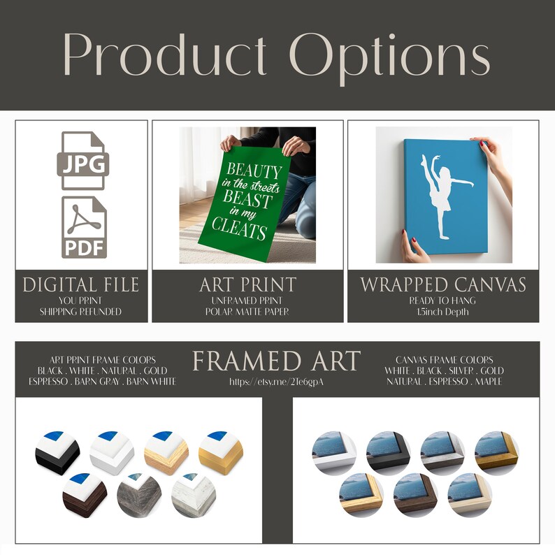 various product options for wall art, including digital files, art prints, and framed art. It also shows different types of canvas materials and frame colors available for creating wall art.
