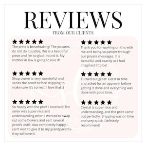 a collection of positive reviews from clients who have used the print from a particular business. The reviews express satisfaction with the print quality, the owner's responsiveness, and the overall experience of receiving the print. The reviews highlight the print's beauty, the owner's helpfulness, and the ease of shipping and receiving the print. The reviews also mention the satisfaction of receiving the print and the positive impact it has on the clients' lives.