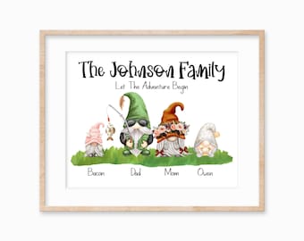 Personalized Gnome Family Portrait Print, Custom Wall Art