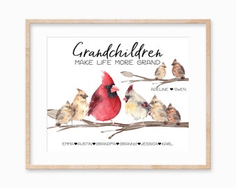 Personalized Cardinal Bird Family Print, Bird Mothers Day Gift, Gift for Bird Lover, Grandma and Grandkids Gift Bird Art